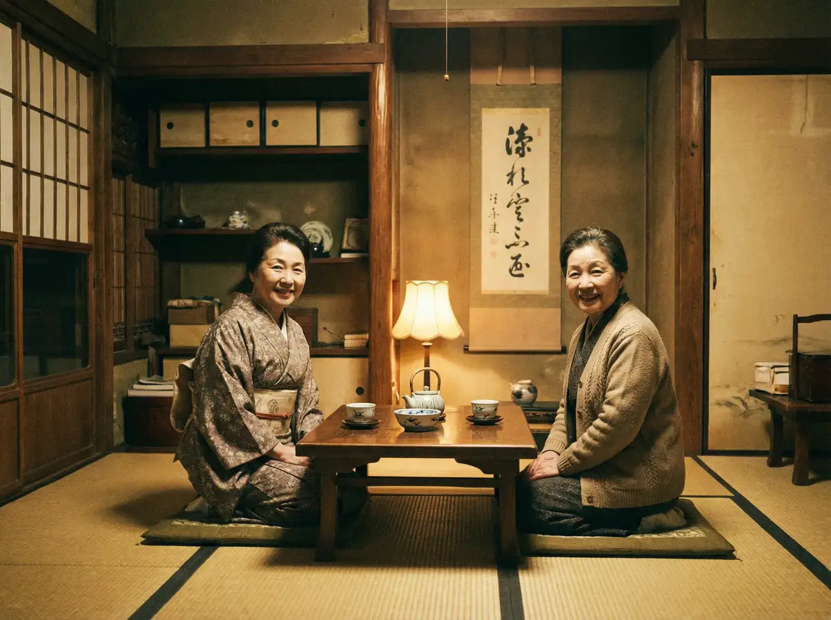 两位优雅的 双马尾 在日式茶室中品茶交谈